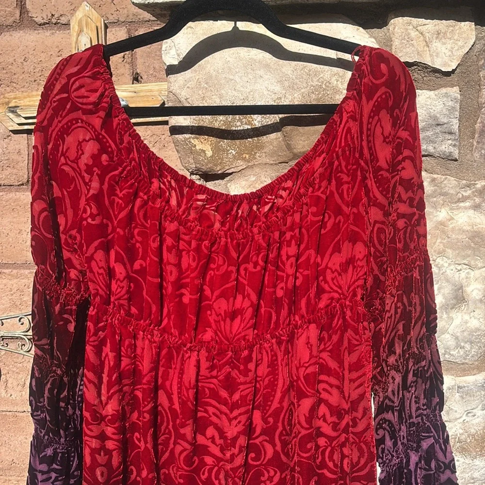 Muse Boston Proper Dress Velvet Silk Peasant Ombré Red Long Sleeve Sz 8 Boho - Picture 7 of 10